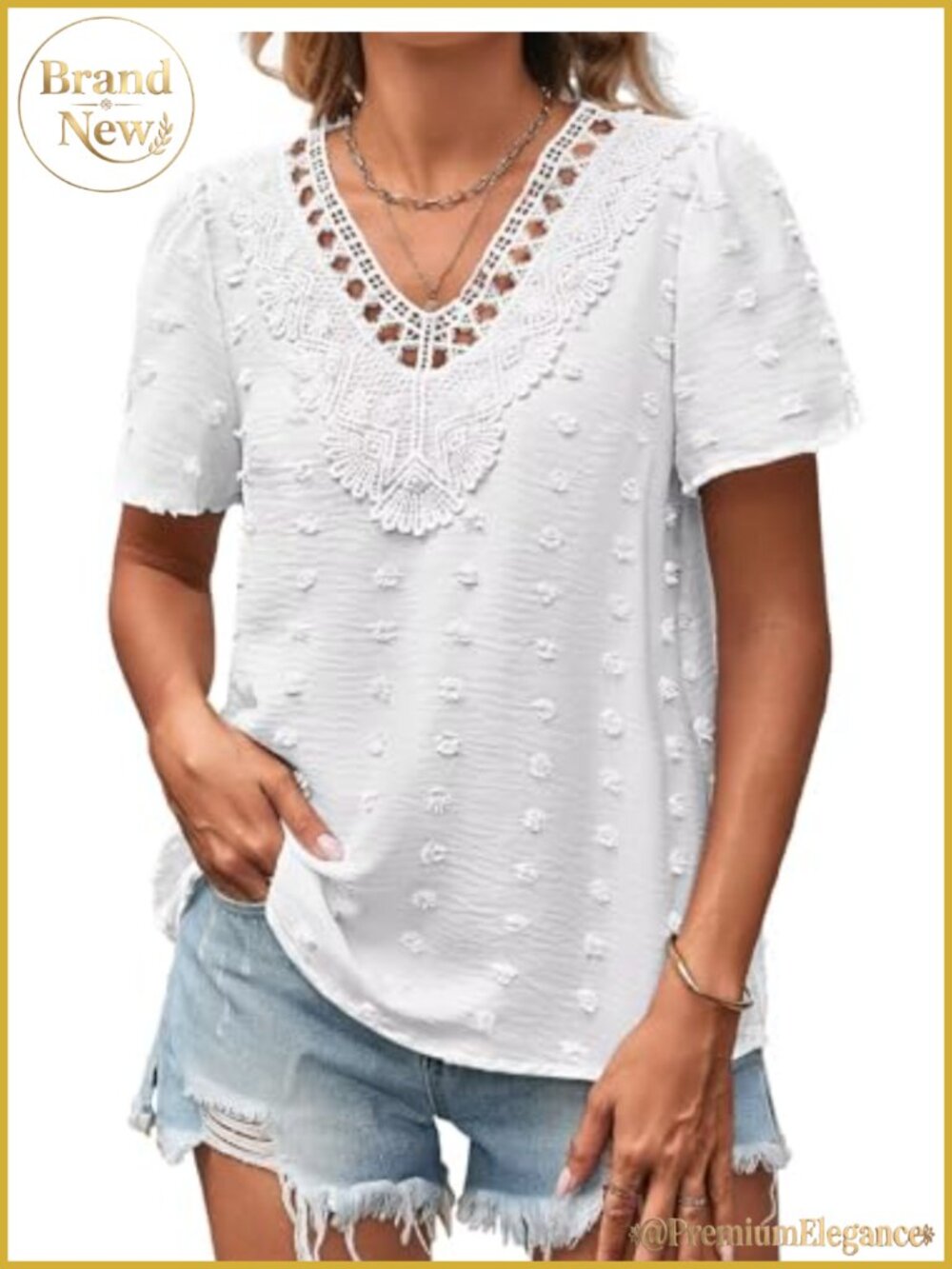 Boho Swiss Dot Lace V Neck Short Sleeve Blouse Tunic Top